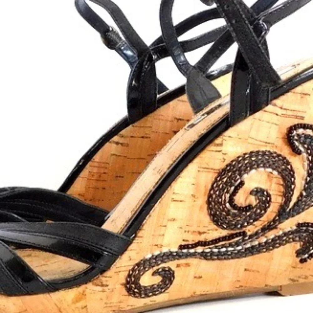 Bandolino Black Leather Embroidered Cork Wedges